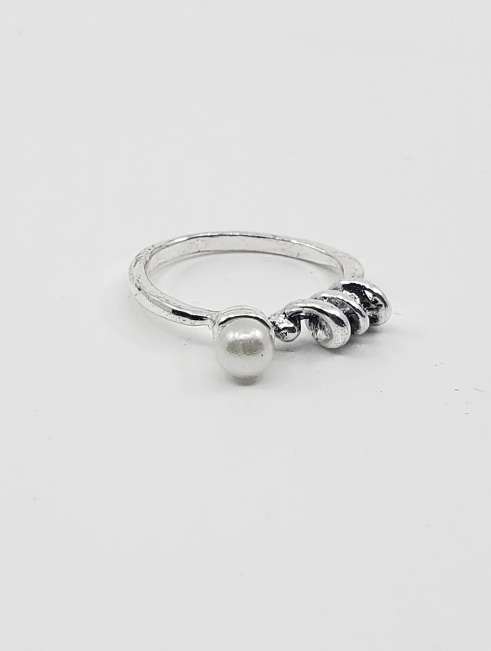 Silver Dainty Pearl Curly Cork Screw Ring Sz 6.5